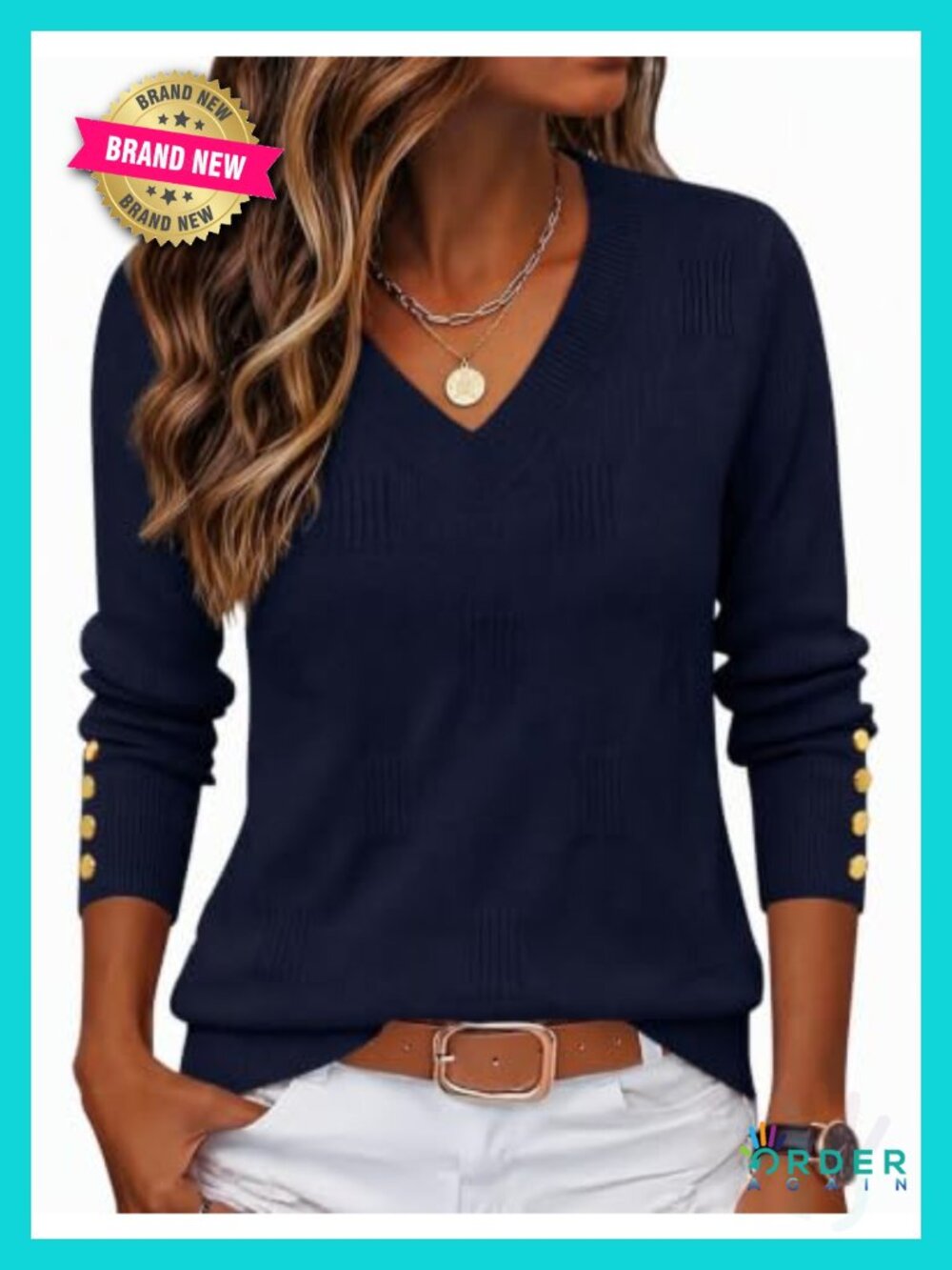 Women's V-Neck Ribbed Knit Pullover Sweater Button Cuff Long Sleeve